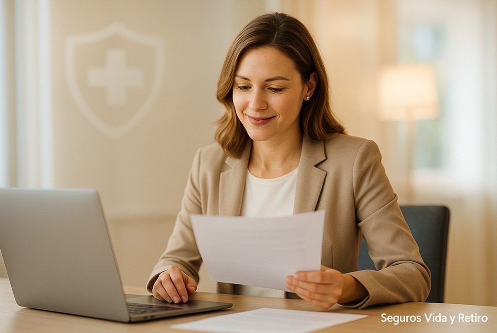 Mujer profesional de 30 años revisando documentos con laptop y café en oficina moderna. Mercado típico del Seguro Vida Mujer de Seguros Monterrey