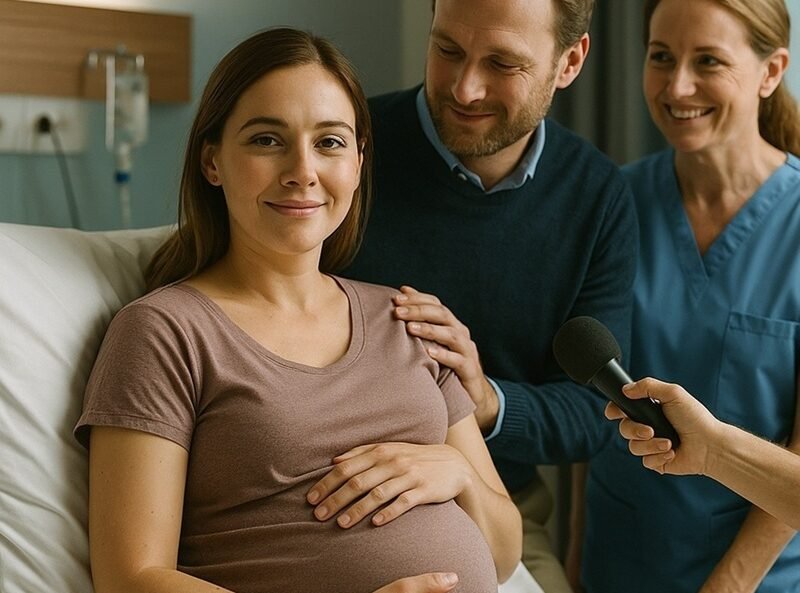 Mujer embarazada acompañada de su pareja y una enfermera en una habitación de hospital, simbolizando el apoyo económico y familiar que ofrece el Seguro Vida Mujer ante complicaciones de maternidad.