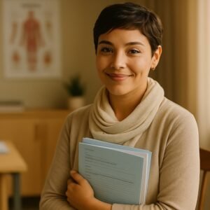 Mujer mexicana joven con cabello corto y bufanda suave, sonriendo mientras sostiene documentos médicos en una clínica acogedora, simbolizando recuperación y apoyo económico del Seguro Vida Mujer de Seguros Monterrey